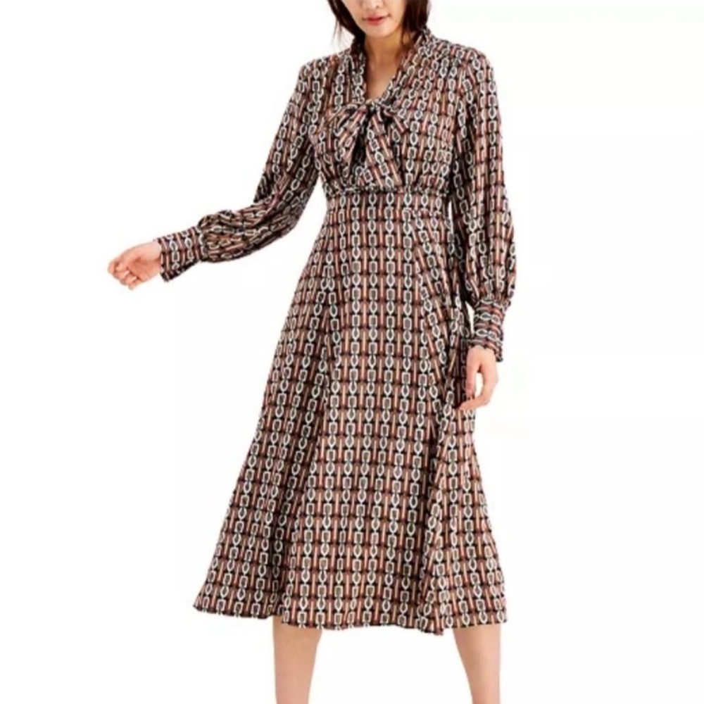 INC MIDI dress, long sleeves, bow neckline.